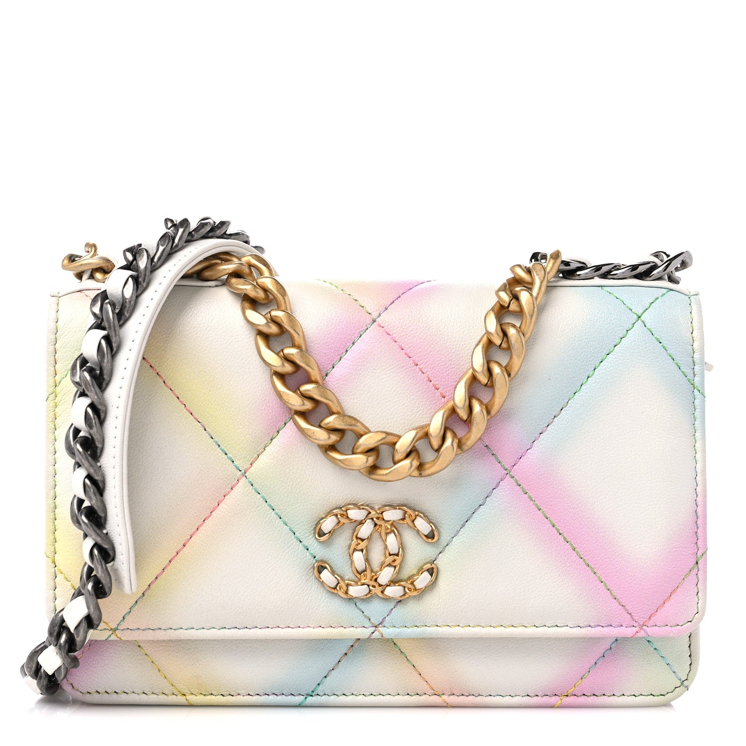 Chanel Goatskin Printed Quilted Chanel 19 Wallet On Chain WOC White Multicolor 1 of 13