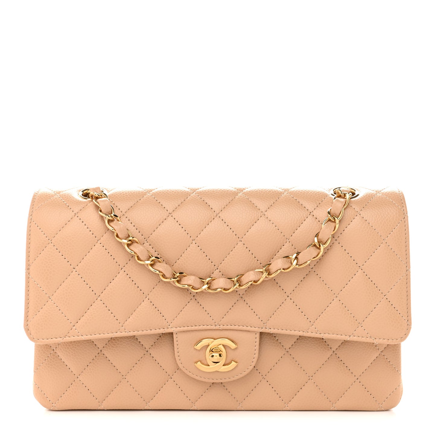 Caviar Quilted Medium Double Flap Beige