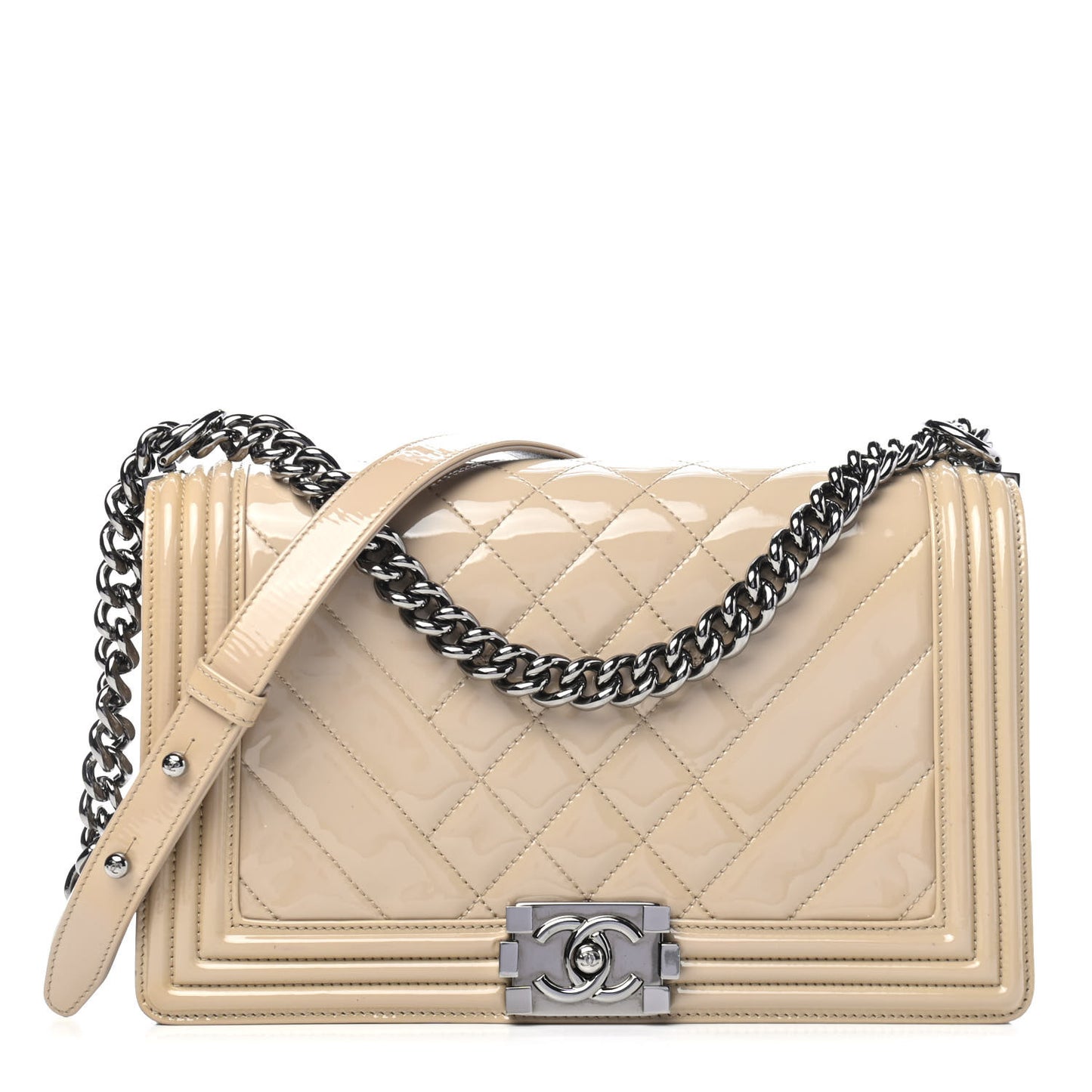 Patent Chevron Quilted New Medium Boy Flap Light Beige