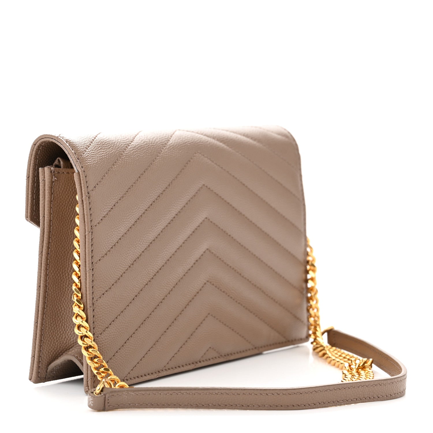 Saint Laurent Grain De Poudre Matelasse Chevron Monogram Envelope Chain Wallet Dark Latte 3 of 11
