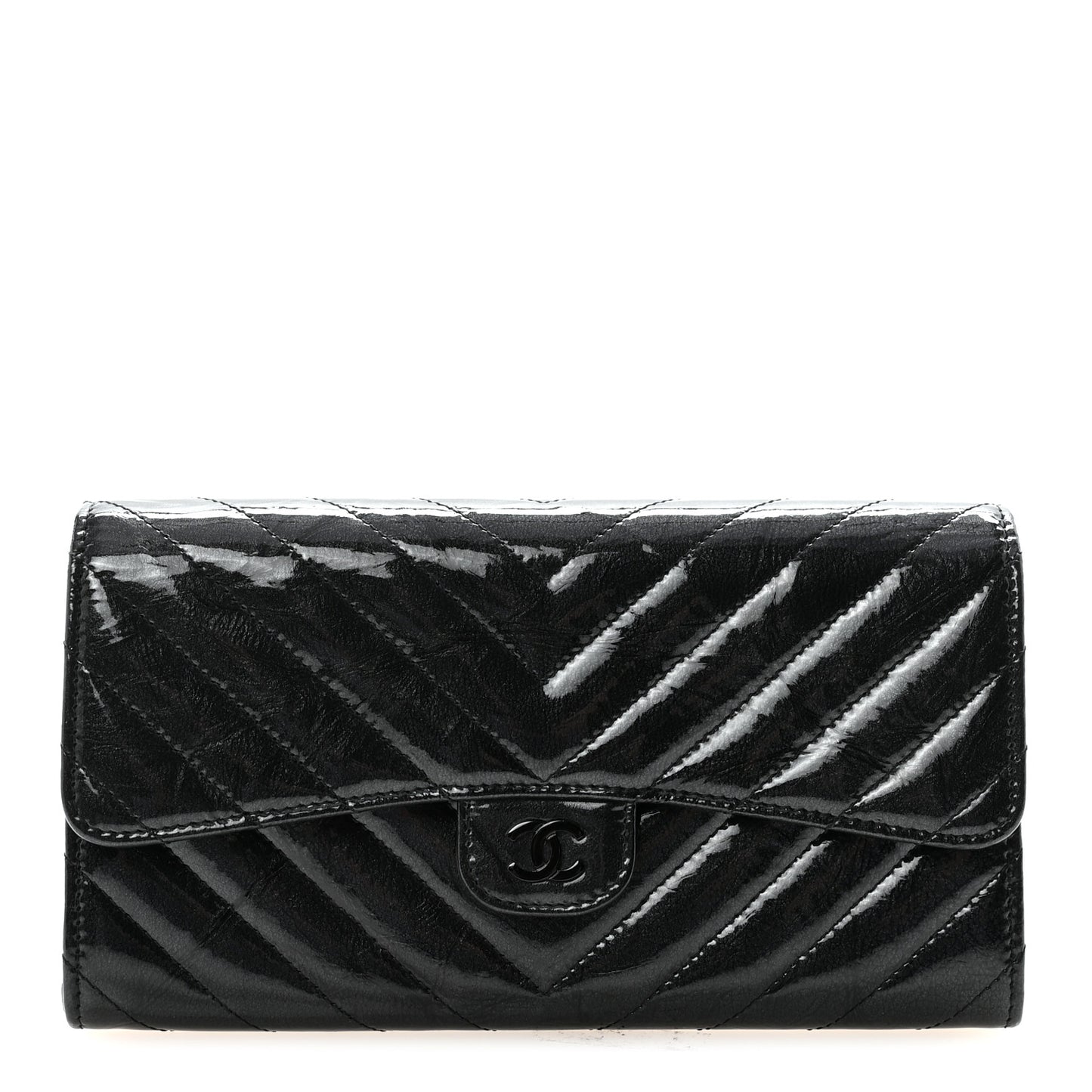 Patent Metallic Crumpled Calfskin Chevron Quilted Large Gusset Flap Wallet So Black