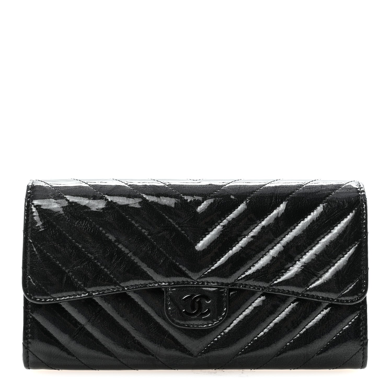 Chanel Patent Metallic Crumpled Calfskin Chevron Quilted Large Gusset Flap Wallet So Black 1 of 9