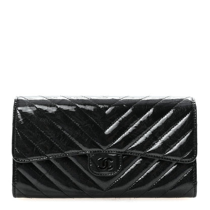Chanel Patent Metallic Crumpled Calfskin Chevron Quilted Large Gusset Flap Wallet So Black 1 of 9