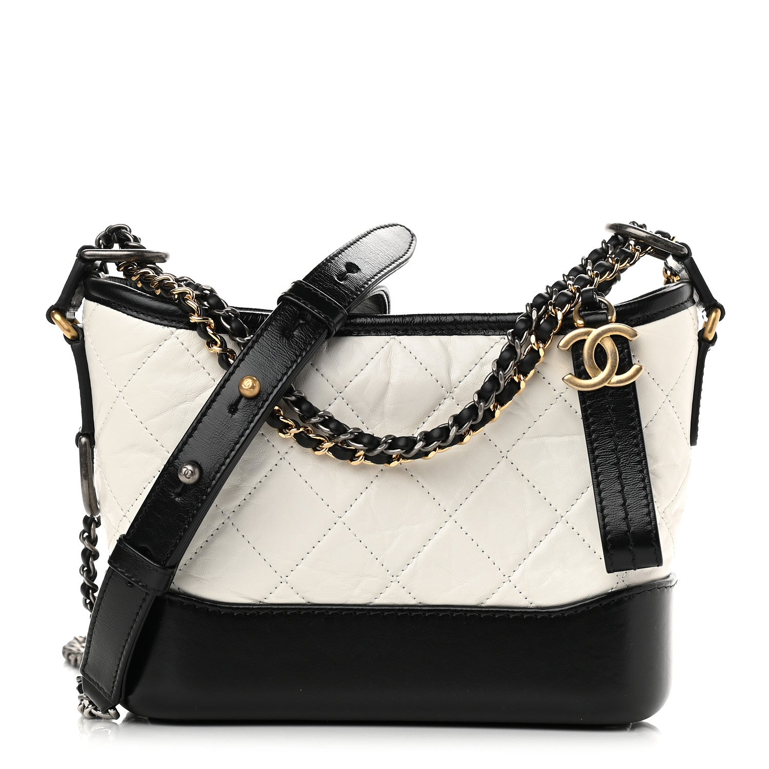 Chanel Aged Calfskin Quilted Small Gabrielle Hobo Black White 1 of 9
