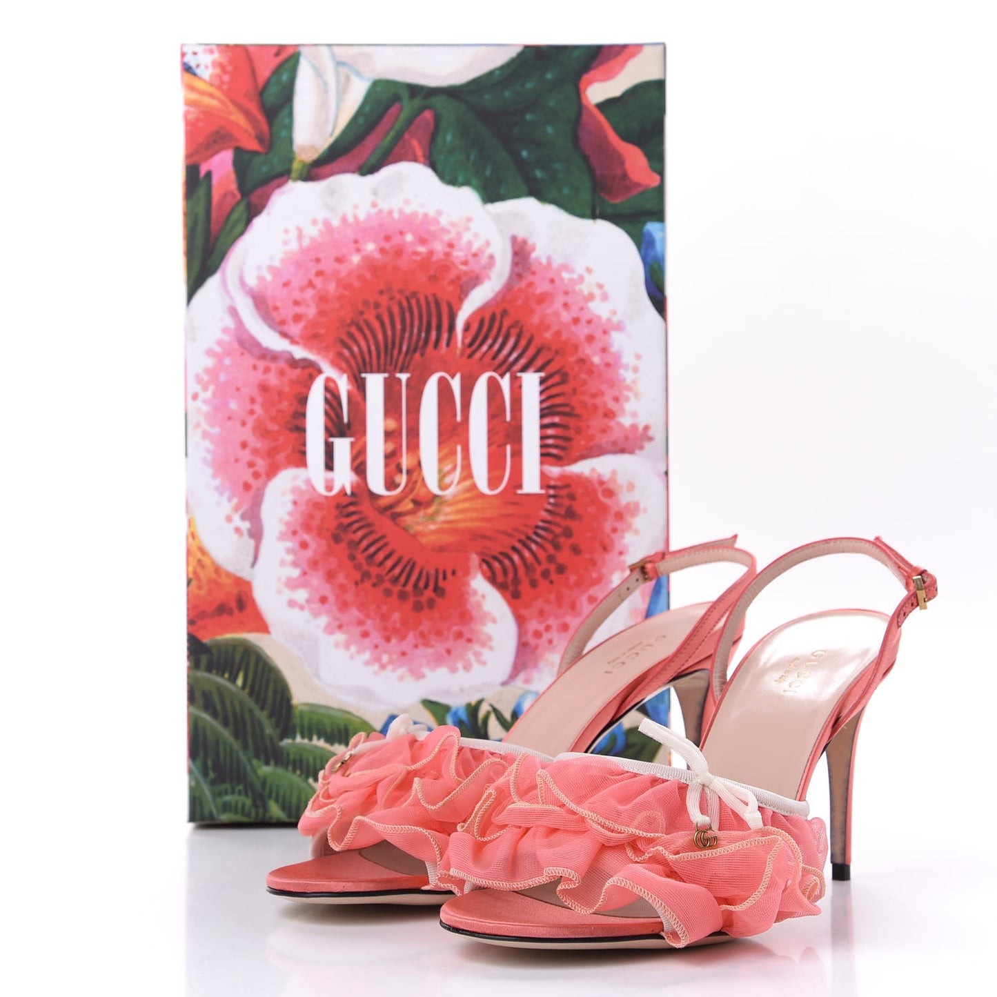 Tulle Ruffle Mid Heel Slingback Sandals 38 Peach White