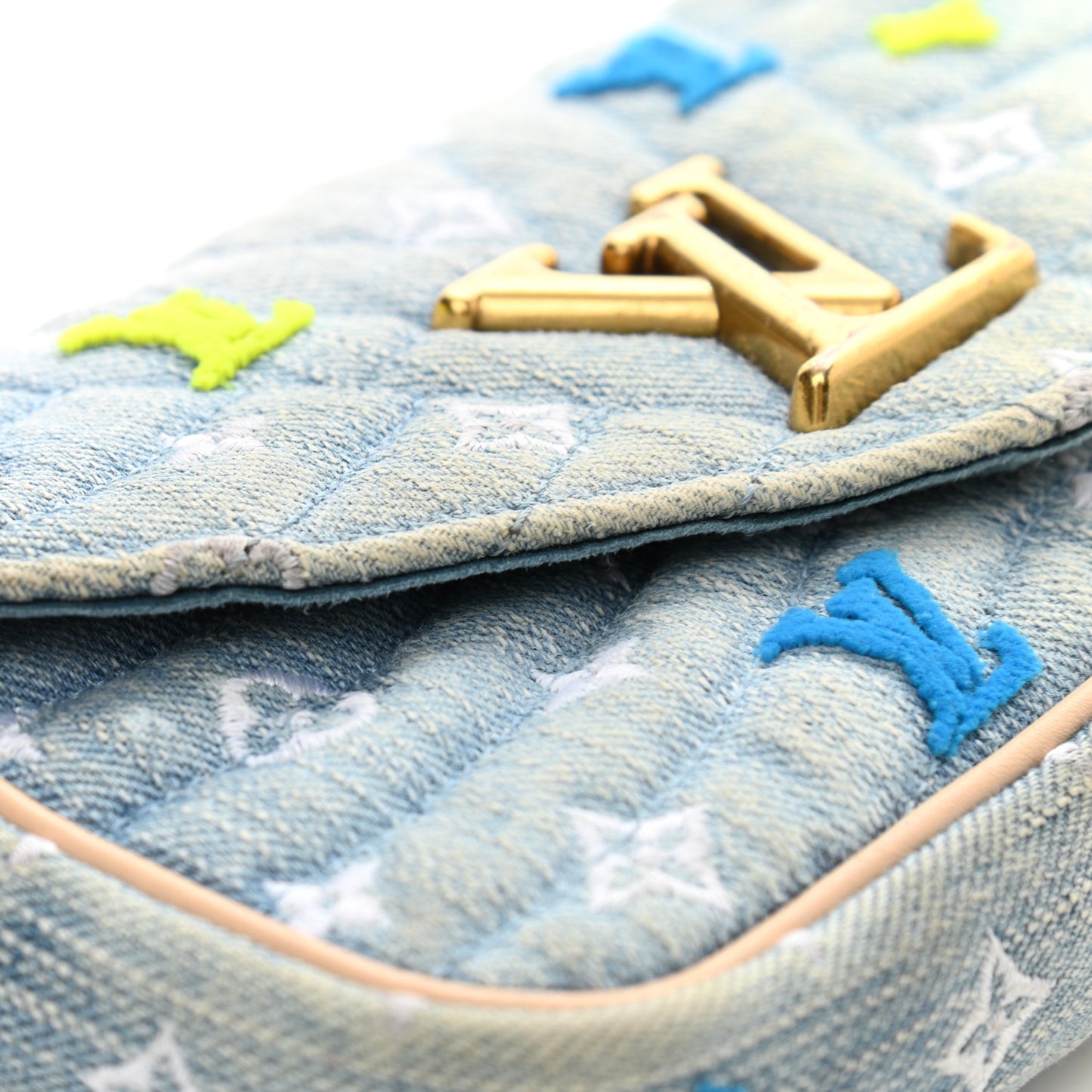 Embroidered Monogram Denim New Wave Chain Pochette Blue