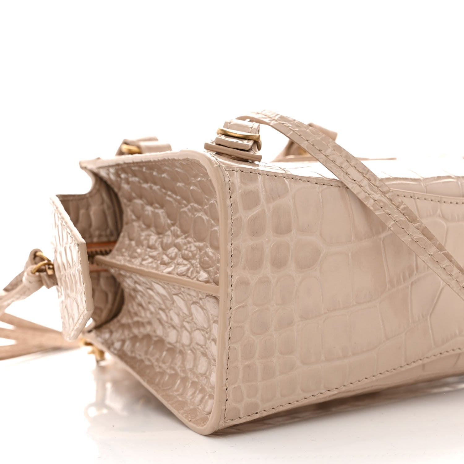 Balenciaga Shiny Supple Calfskin Crocodile Embossed Neo Classic Gold Hardware Mini City Light Beige 8 of 9