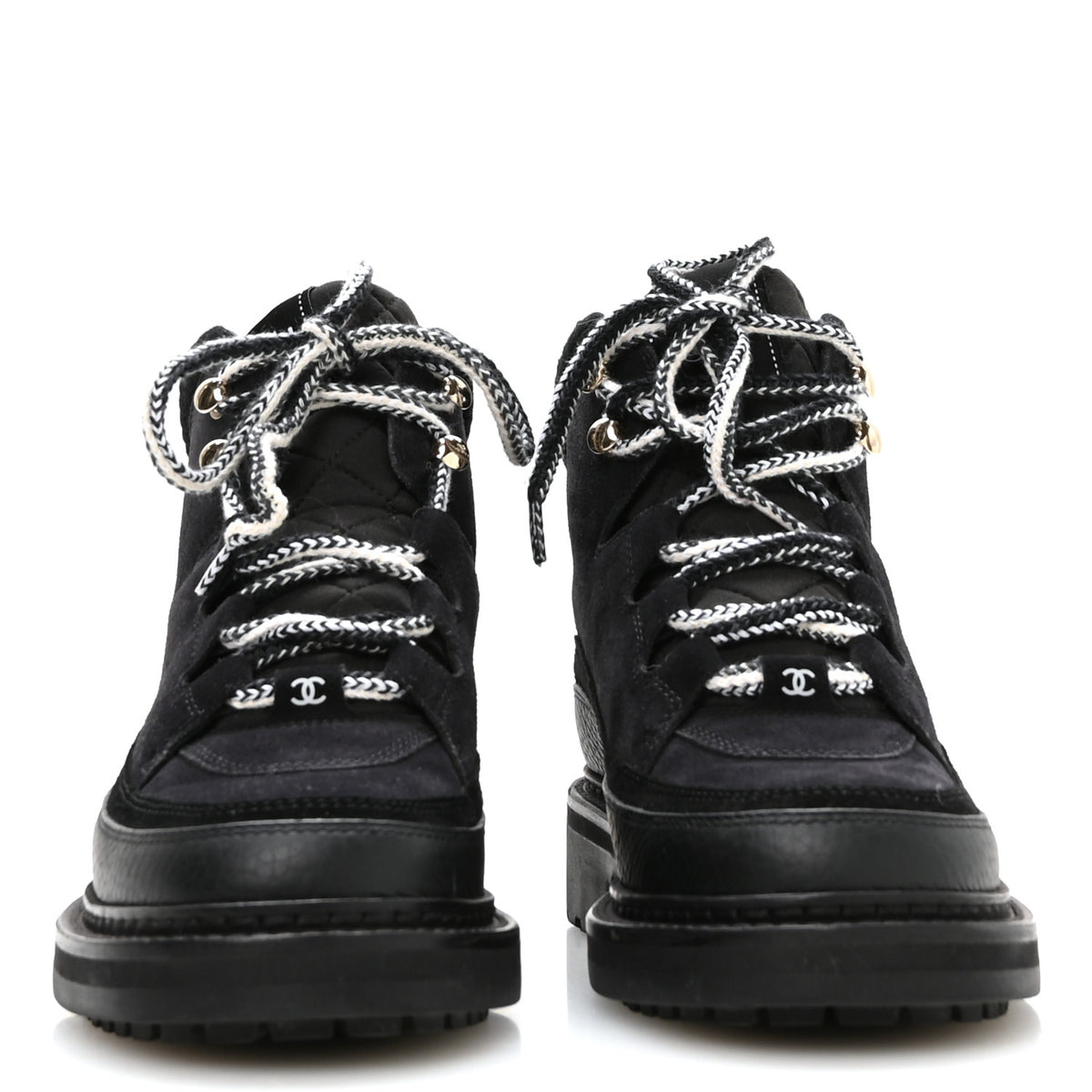 Chanel Suede Grained Calfskin CC Lace Up Boots 37 Black 3 of 9