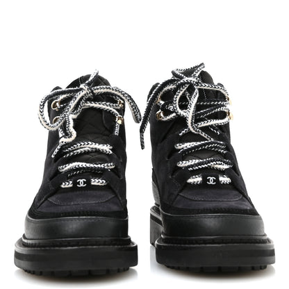 Chanel Suede Grained Calfskin CC Lace Up Boots 37 Black 3 of 9
