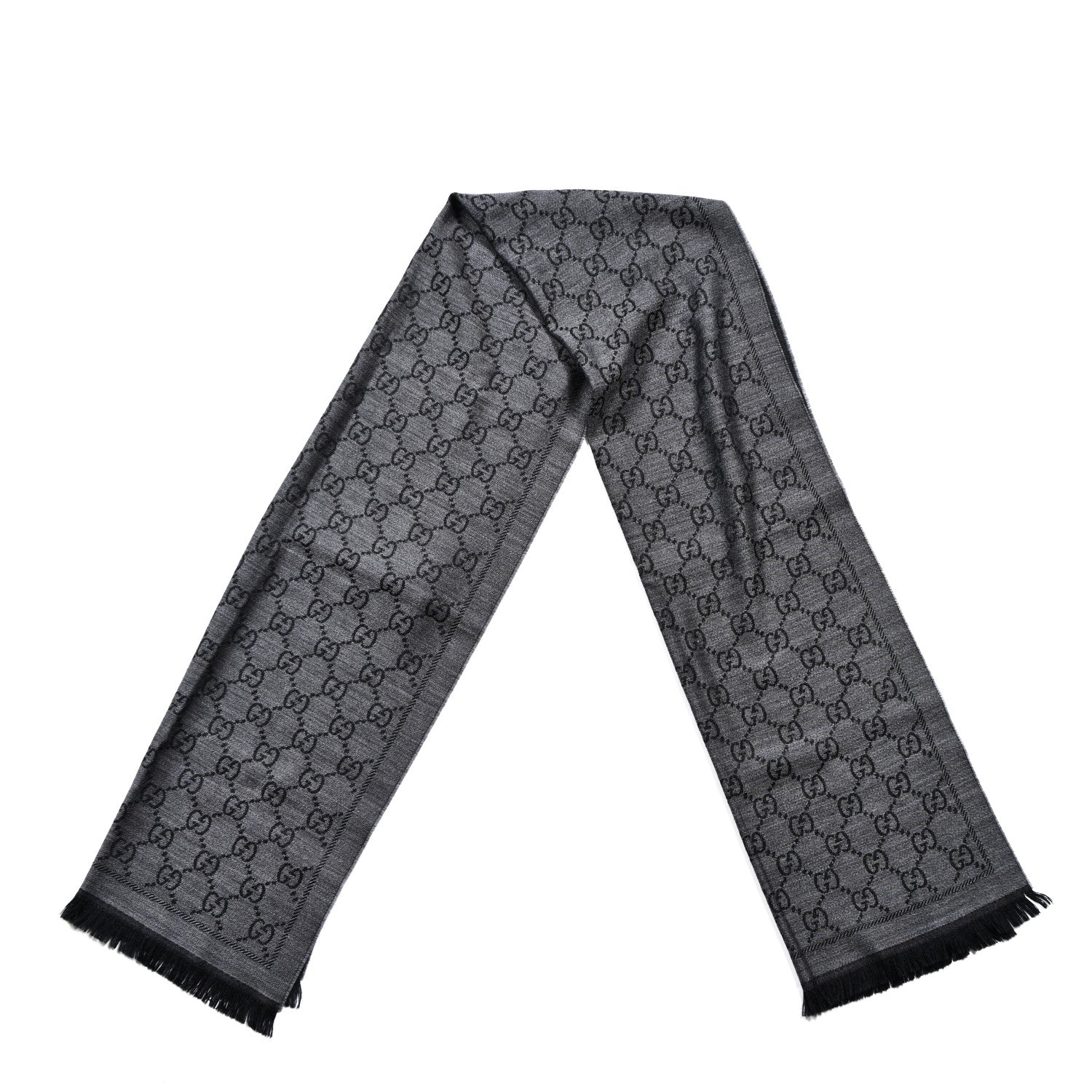 Gucci Wool Jacquard GG Monogram Sten Fringe Scarf Anthracite Black 2 of 3