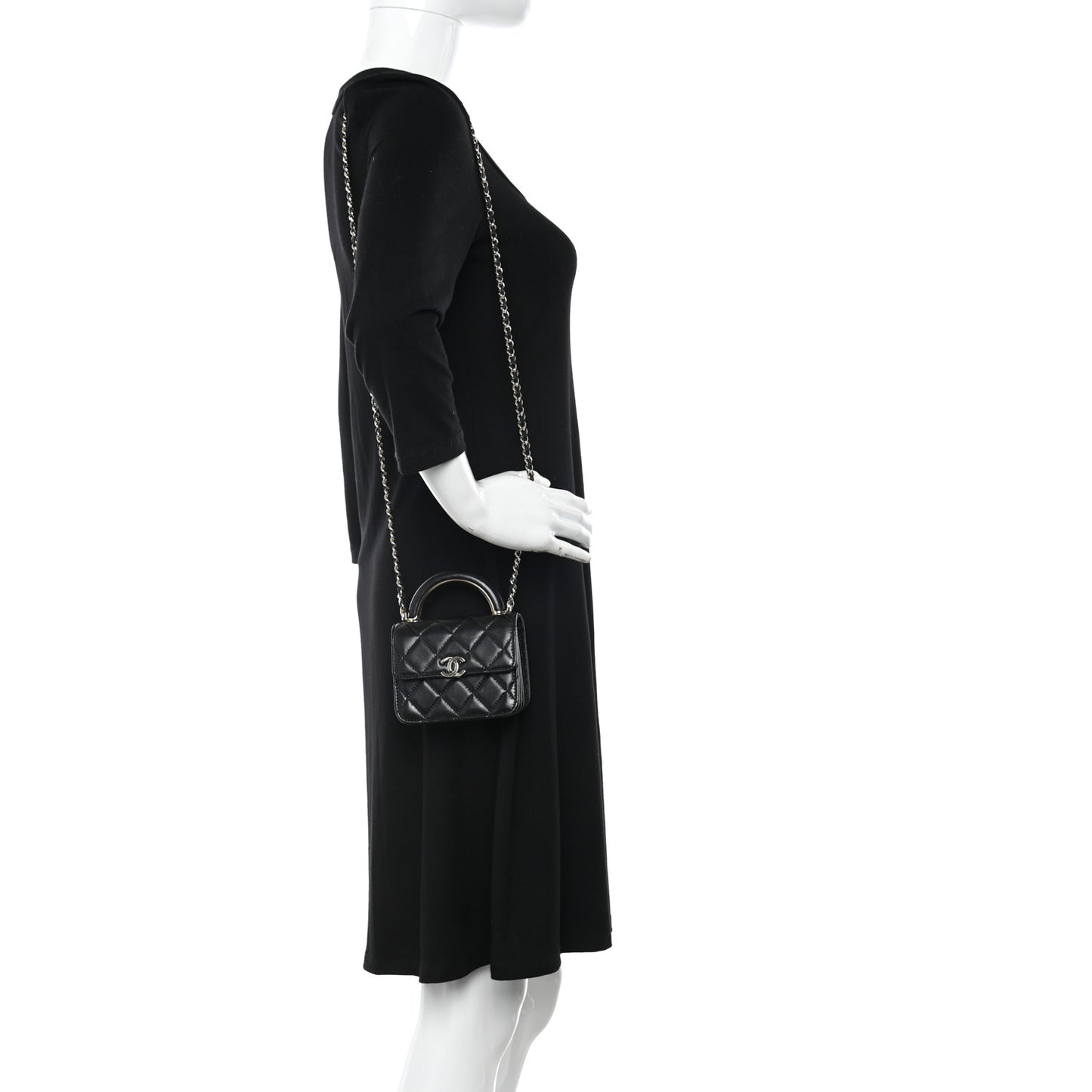 Lambskin Quilted Top Handle Flap Clutch With Chain Black