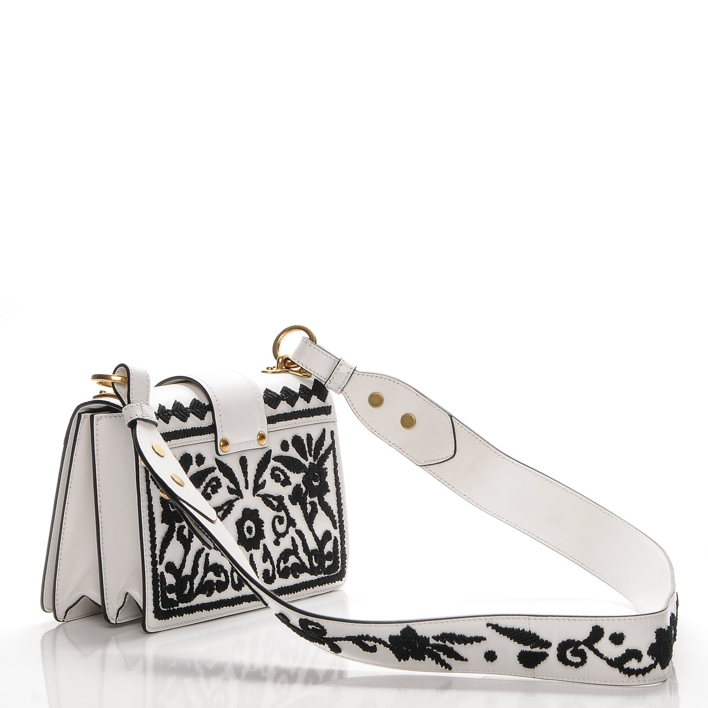 Calfskin Embroidered Cahier Bag White Black