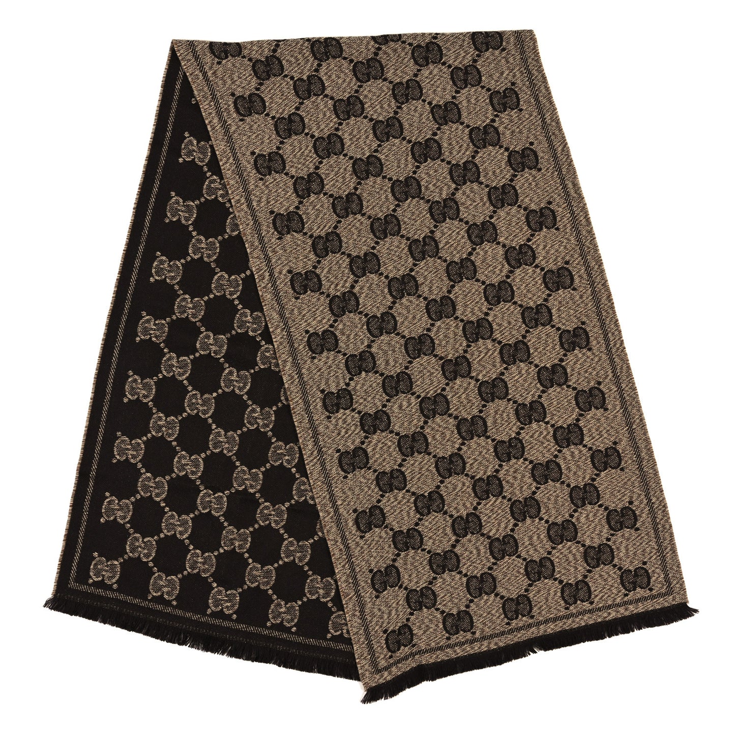 Wool Jacquard GG Monogram Sten Fringe Scarf Beige Dark Brown