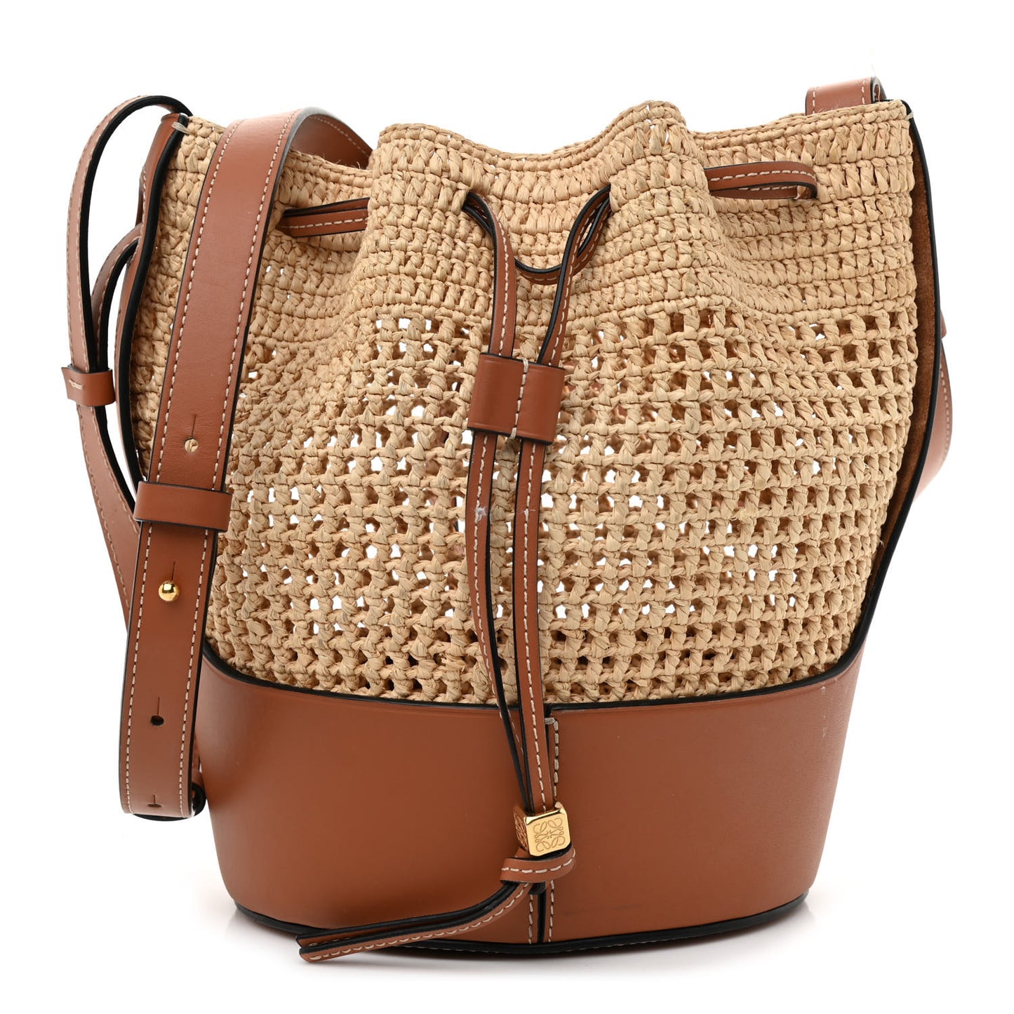 Raffia Calfskin Balloon Bucket Bag Natural Tan