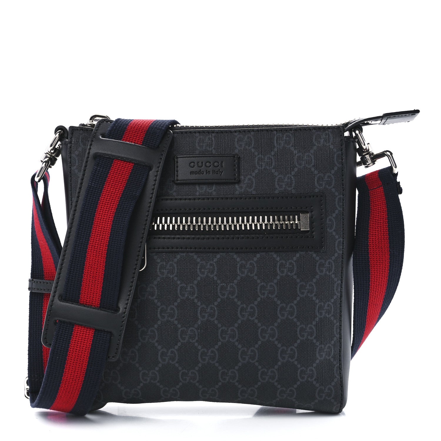 Gucci GG Supreme Monogram Web Small Flat Messenger Bag Black Grey 1 of 11