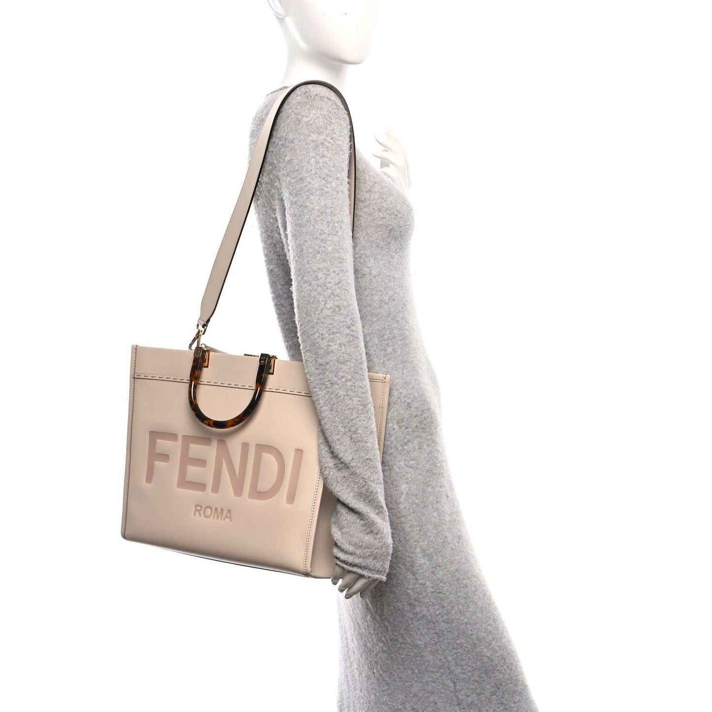 Vitello King Plexiglass Logo Embossed Medium Fendi Sunshine Shopper Tote Poudre