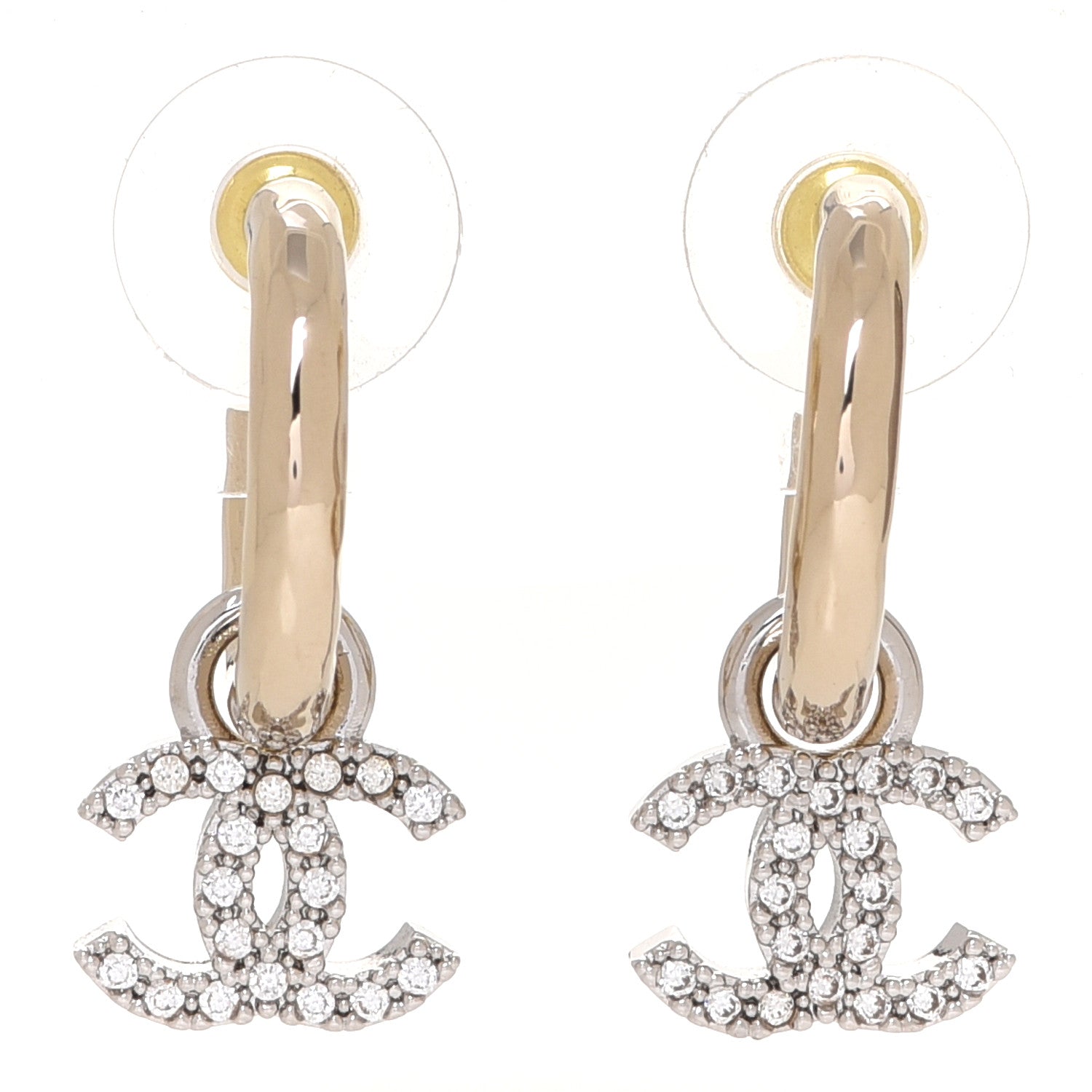 Chanel Metal Crystal CC Hoop Drop Earrings Gold 1 of 5