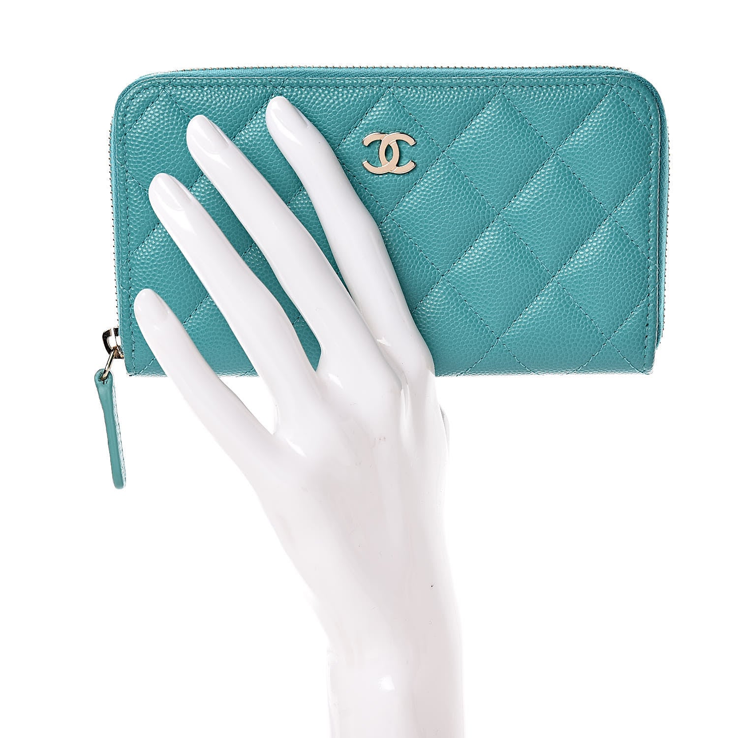 Chanel Caviar Quilted Small Zip Around Wallet Turquoise 2 of 9