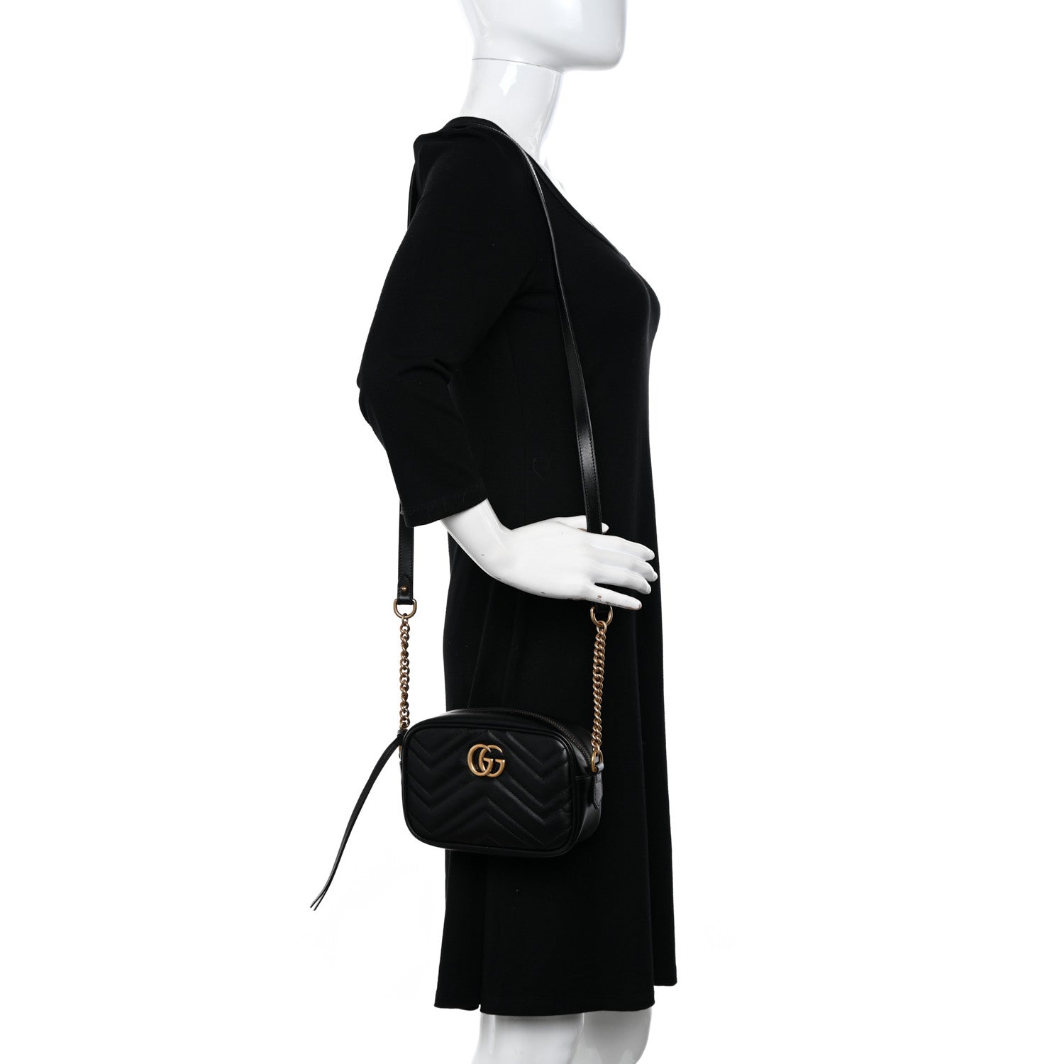 Gucci Calfskin Matelasse Mini GG Marmont Chain Shoulder Bag Black 2 of 10