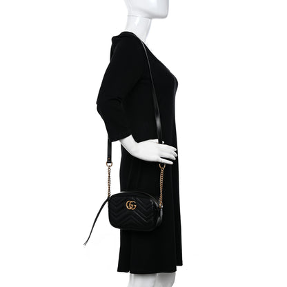 Gucci Calfskin Matelasse Mini GG Marmont Chain Shoulder Bag Black 2 of 10