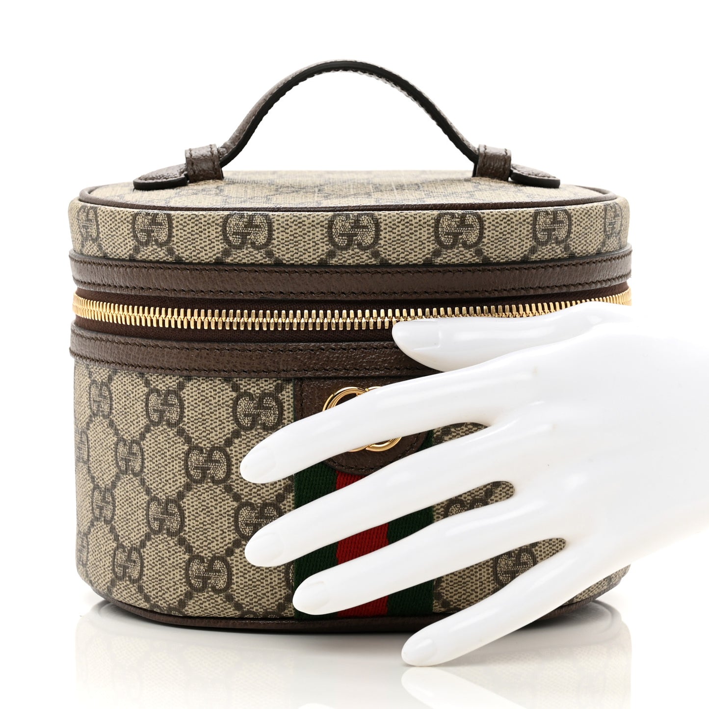 GG Supreme Monogram Textured Calfskin Web Ophidia Vanity Cosmetic Case Beige Ebony New Acero