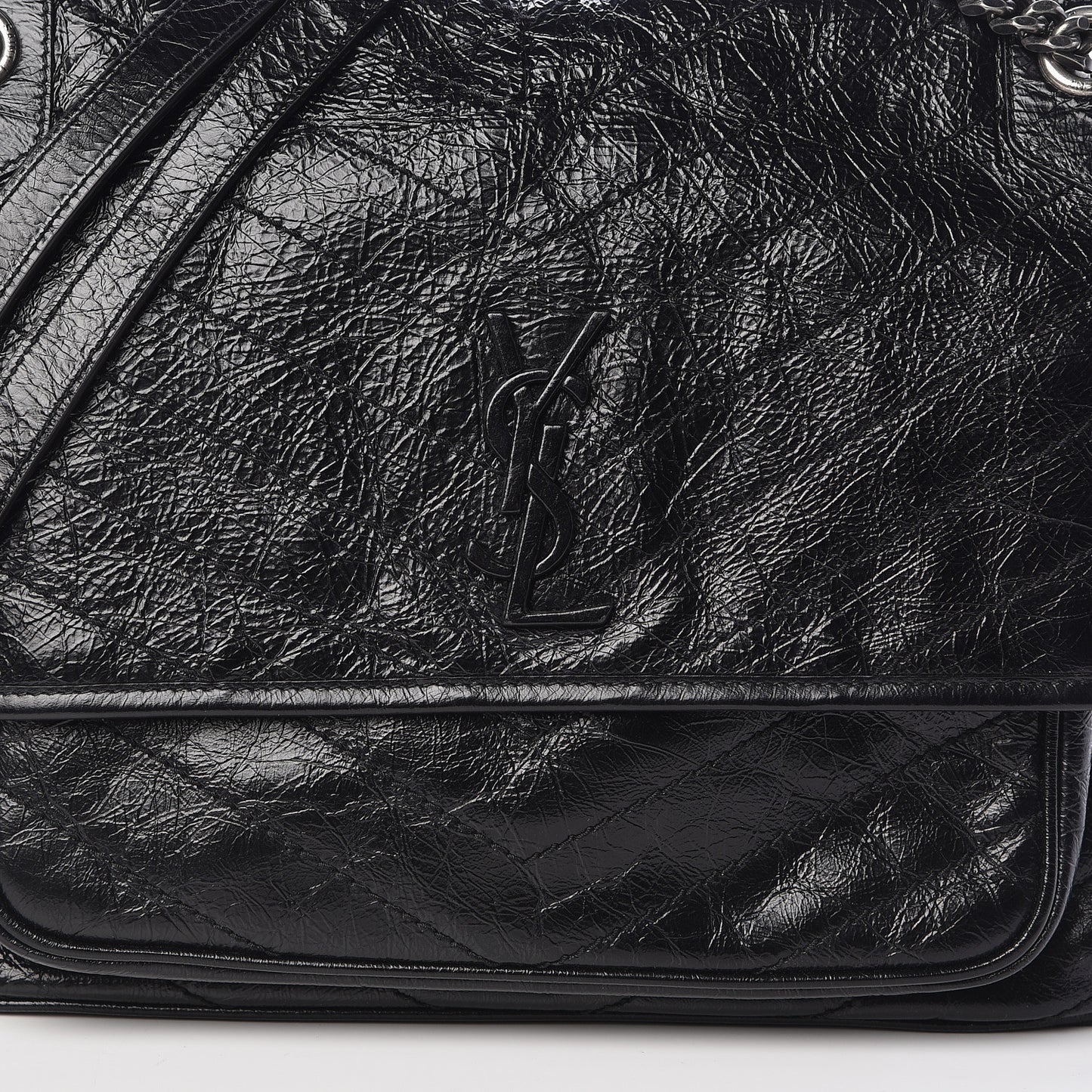 Crinkled Calfskin Matelasse Monogram Large Niki Chain Satchel Black