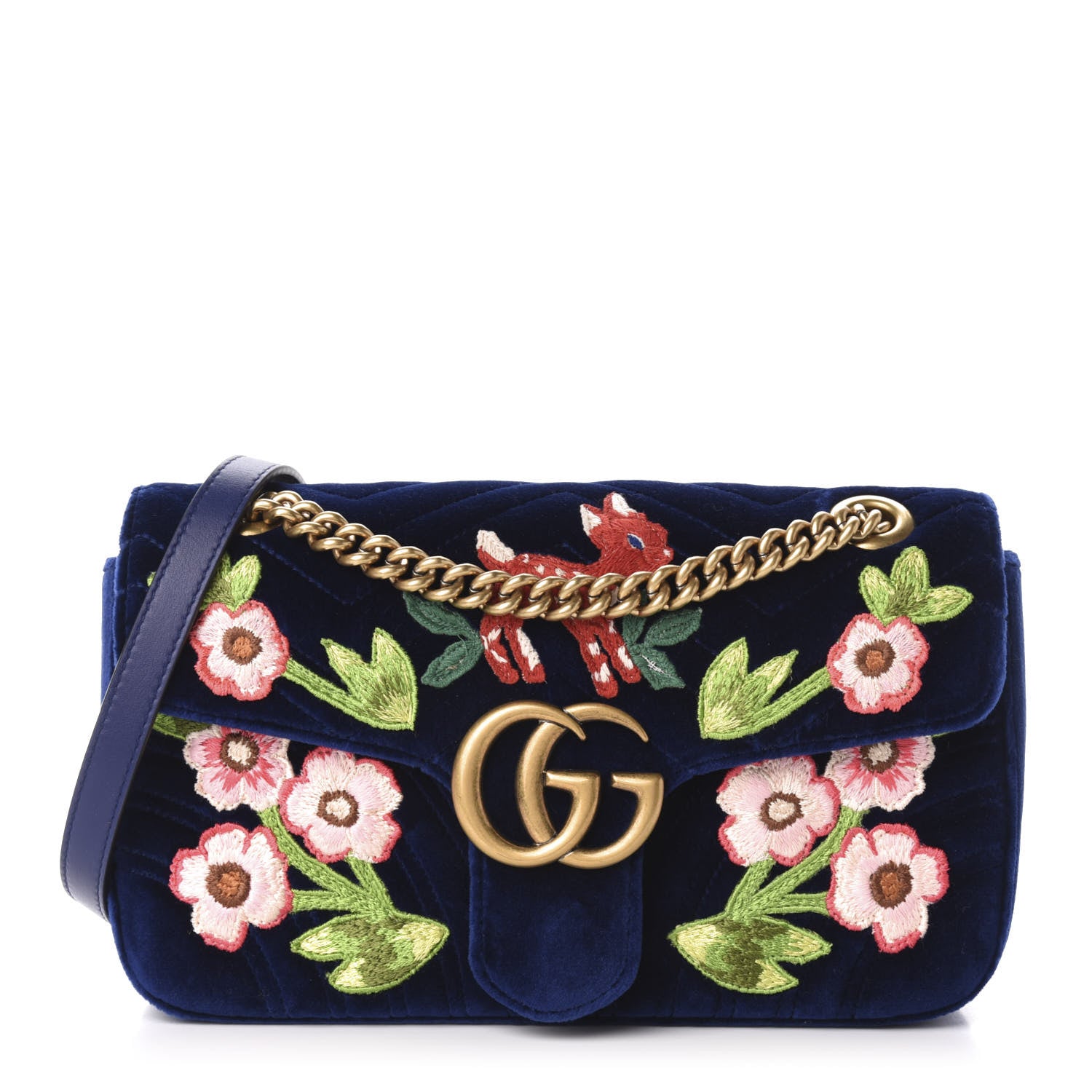 Gucci Velvet Matelasse Deer Embroidered Small GG Marmont Shoulder Bag Cobalt 1 of 11