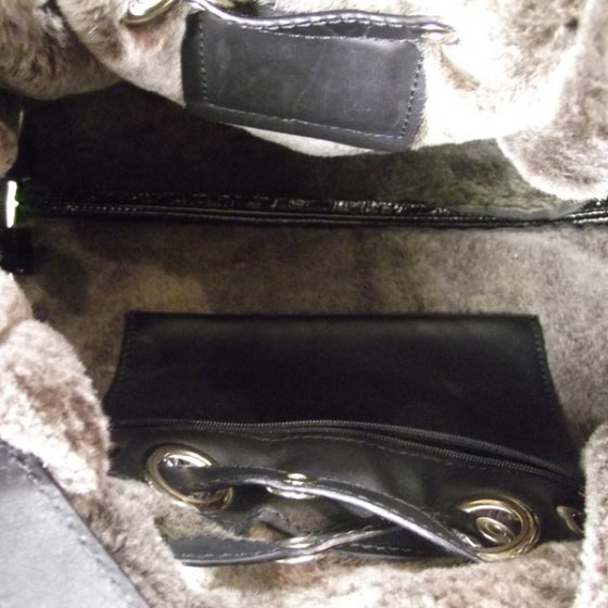 Crushed Patent Shearling Trim Riki Bag