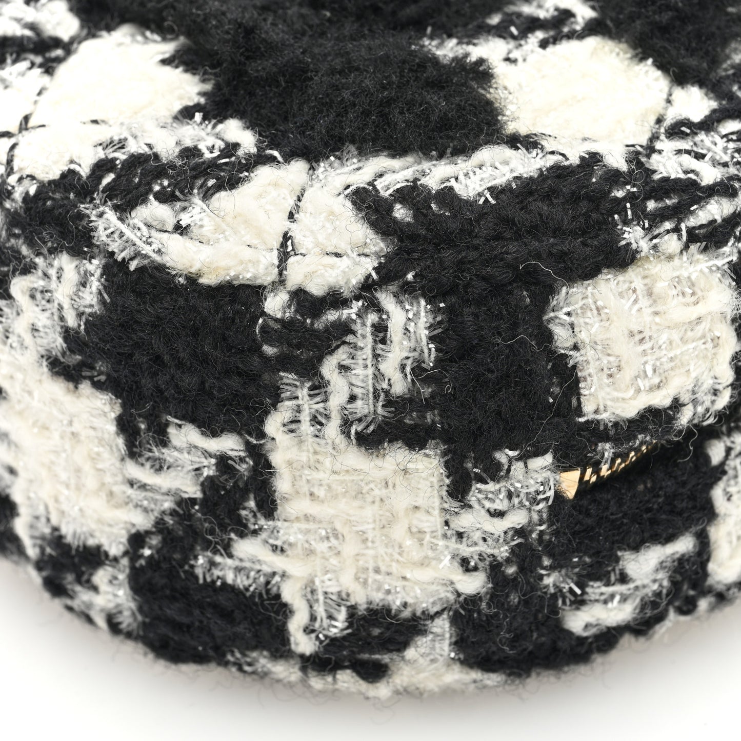 Wool Tweed Lambskin Quilted Round Clutch With Chain and Coin Purse Black White