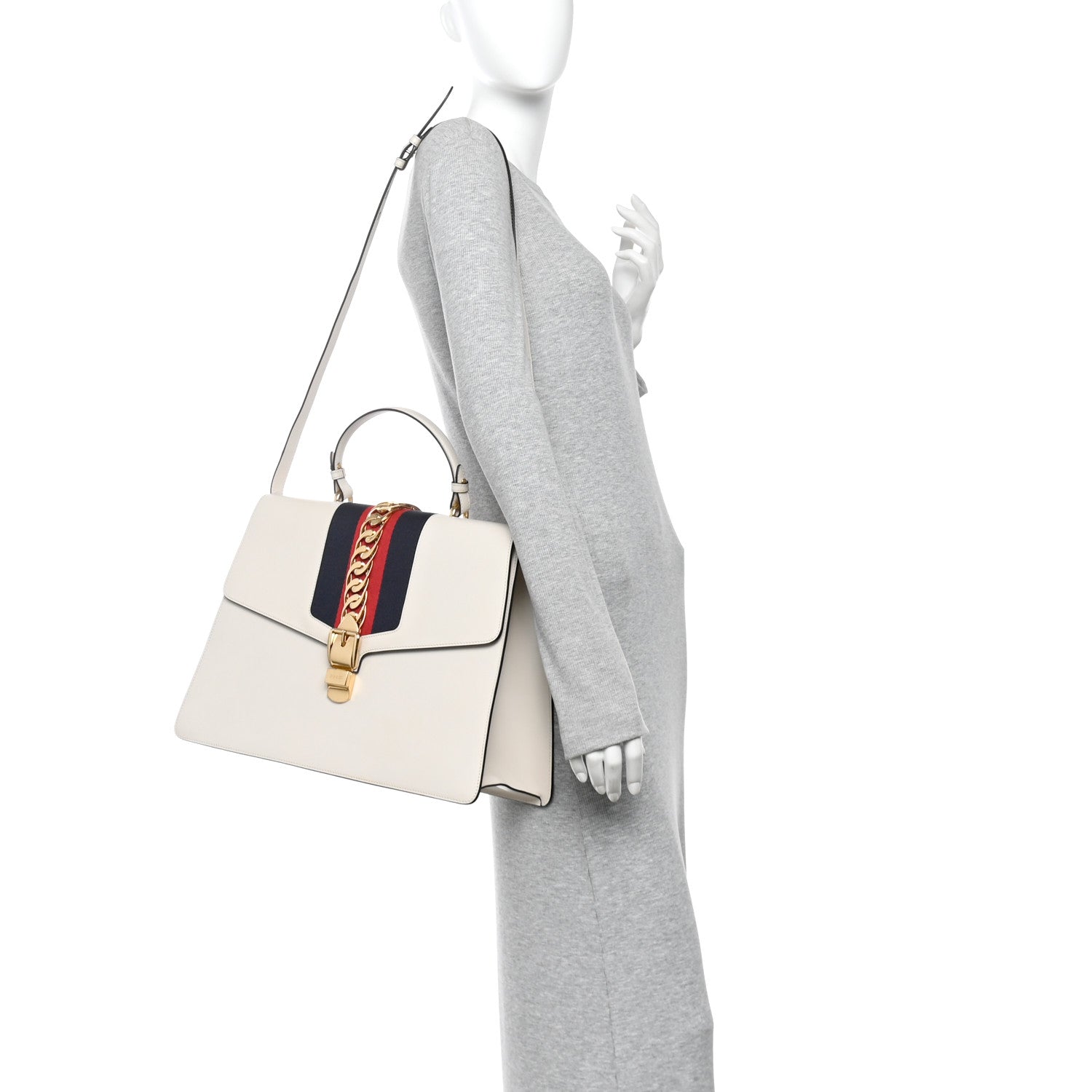 Gucci Calfskin Web Medium Sylvie Top Handle Bag White 2 of 12