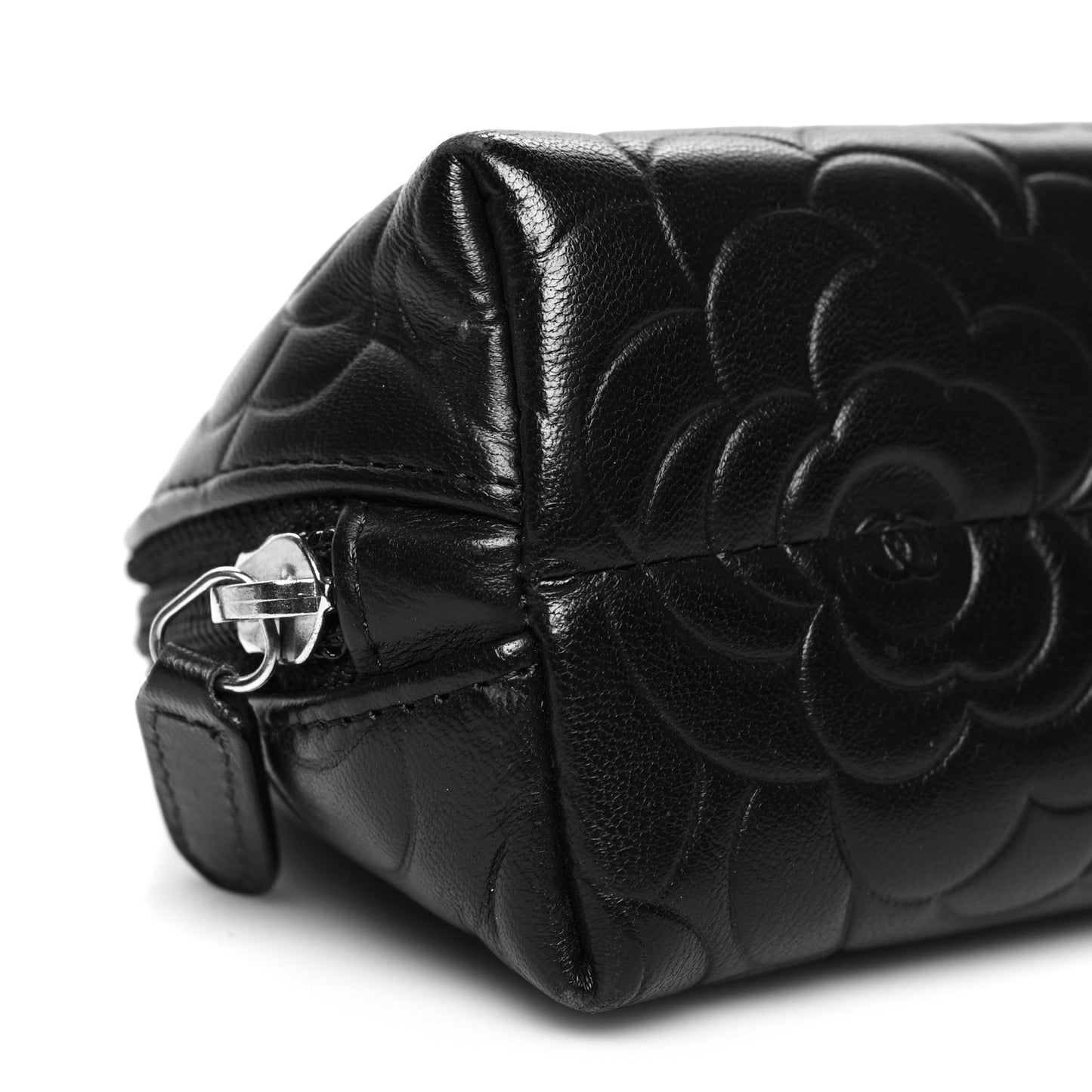 Lambskin Camellia Embossed Cosmetic Case Black