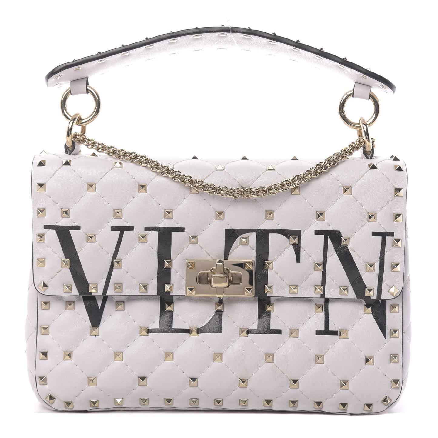 Lambskin VLTN Print Medium Rockstud Spike Shoulder Bag Optic White Black