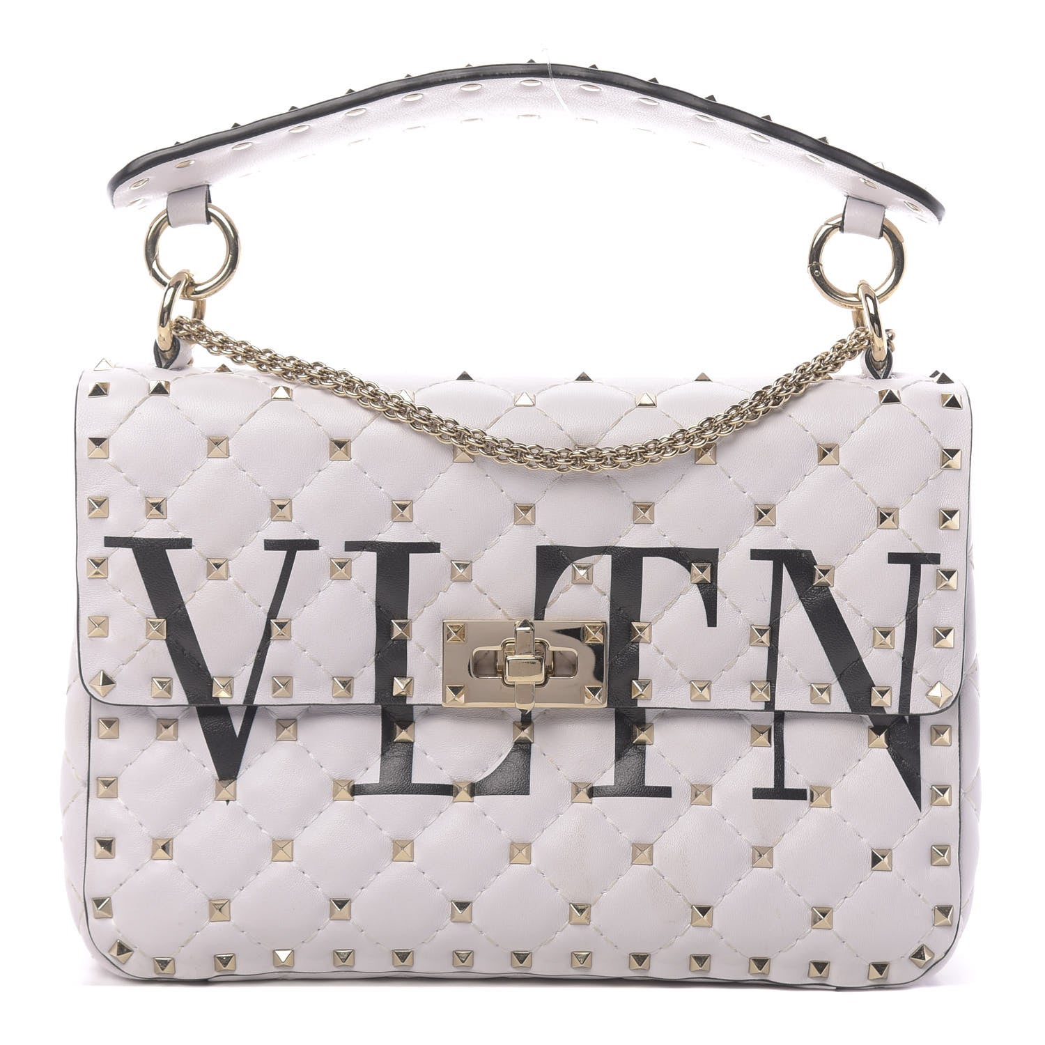 Valentino Garavani Lambskin VLTN Print Medium Rockstud Spike Shoulder Bag Optic White Black 1 of 13