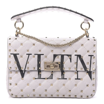 Valentino Garavani Lambskin VLTN Print Medium Rockstud Spike Shoulder Bag Optic White Black 1 of 13