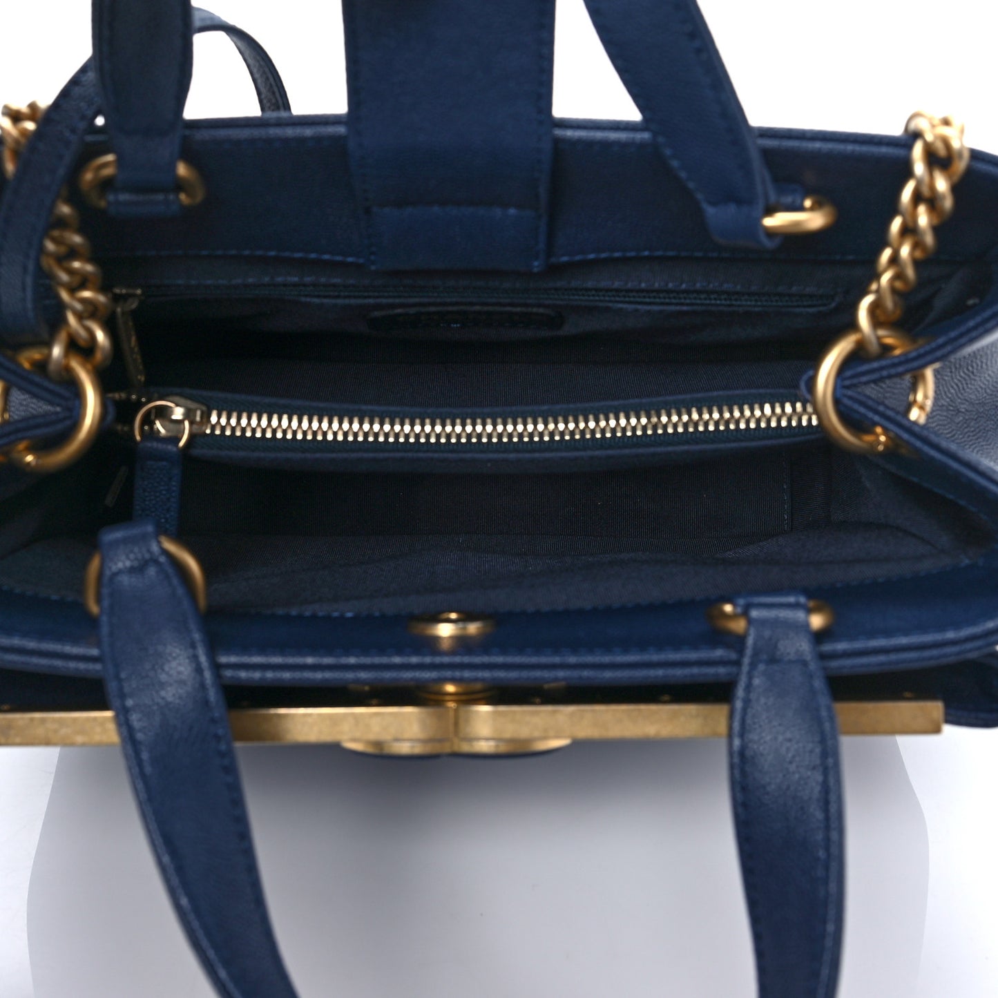 Grained Calfskin Stitched Small Lady Coco Top Handle Tote Navy