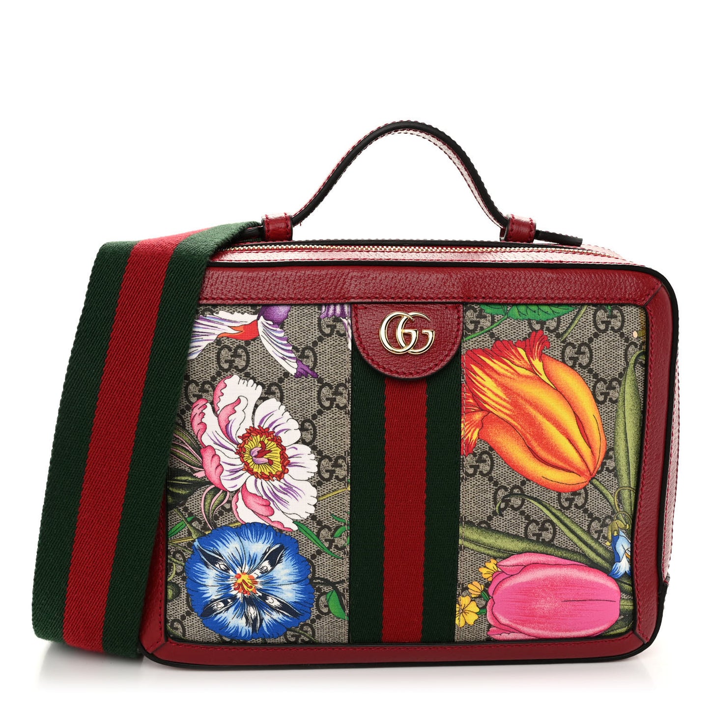 GG Supreme Monogram Flora Web Small Ophidia Top Handle Shoulder Bag Hibiscus Red