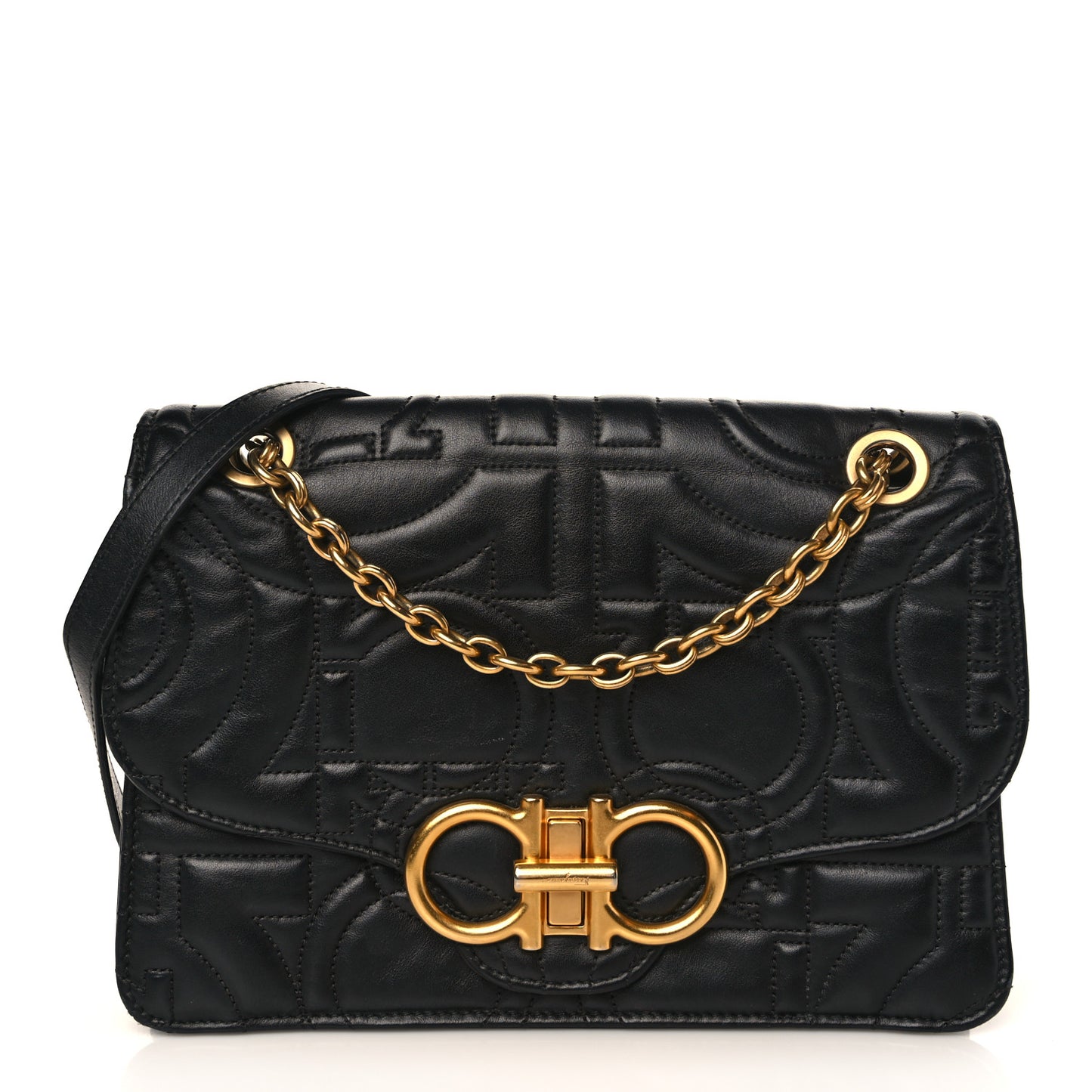 Calfskin Quilted Gancini Flap Bag Black