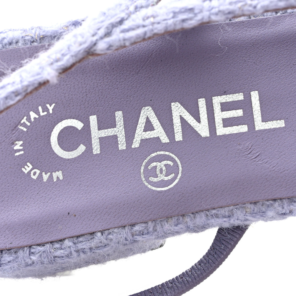 Chanel Iridescent Wool Tweed Patent Cap Toe CC Slingback Flats 39.5 Light Purple Silver Black 7 of 13