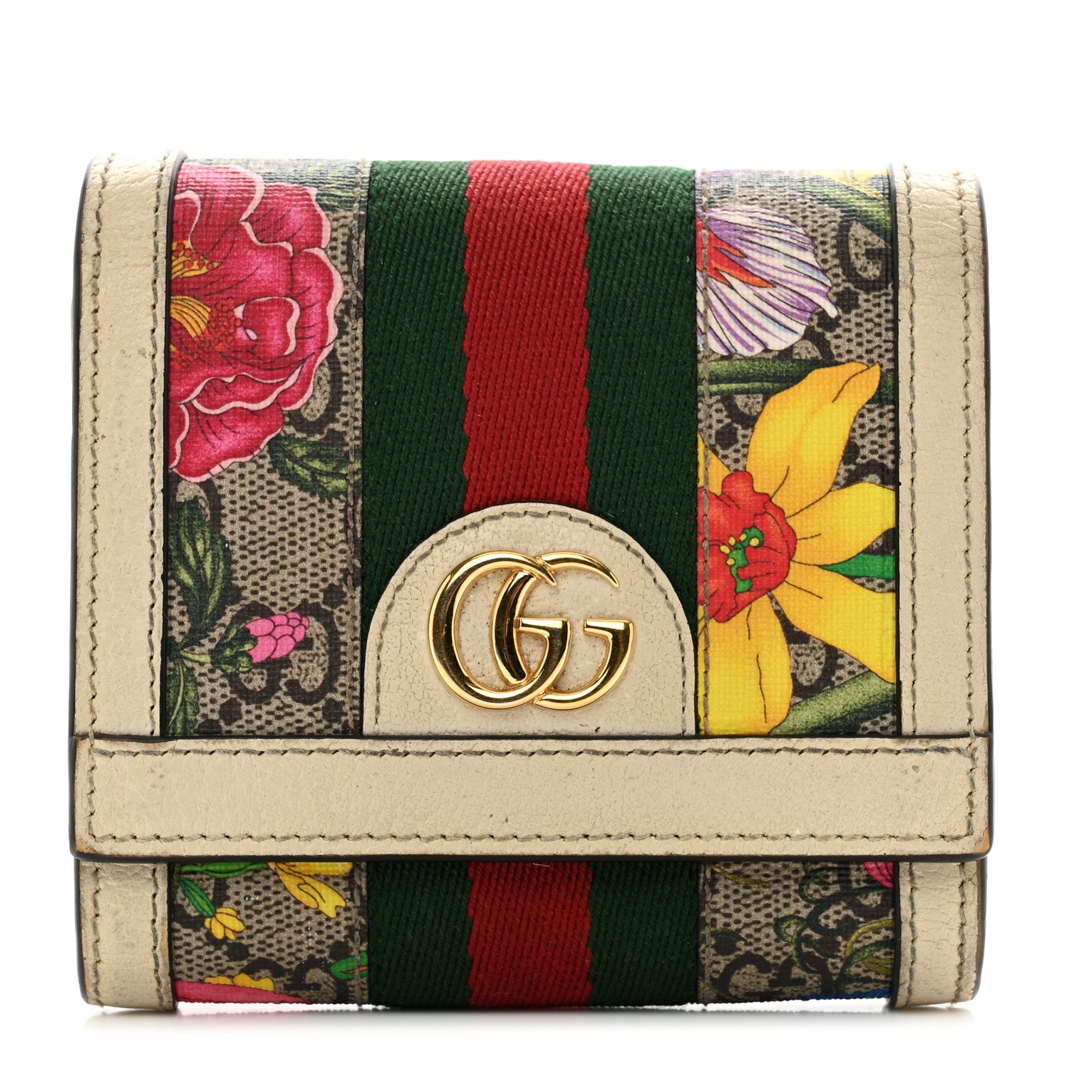 Gucci GG Supreme Monogram Flora Textured Calfskin Web Ophidia Card Case Wallet Beige Ebony Multicolor Mystic White 1 of 8