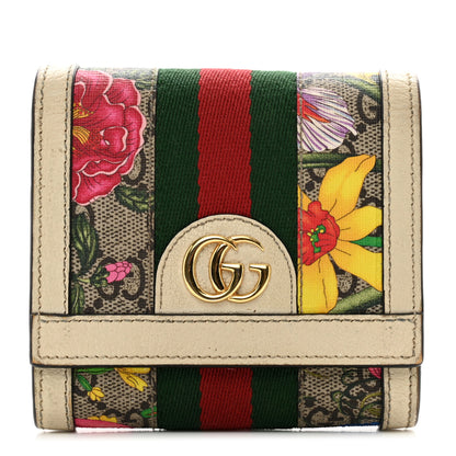 Gucci GG Supreme Monogram Flora Textured Calfskin Web Ophidia Card Case Wallet Beige Ebony Multicolor Mystic White 1 of 8