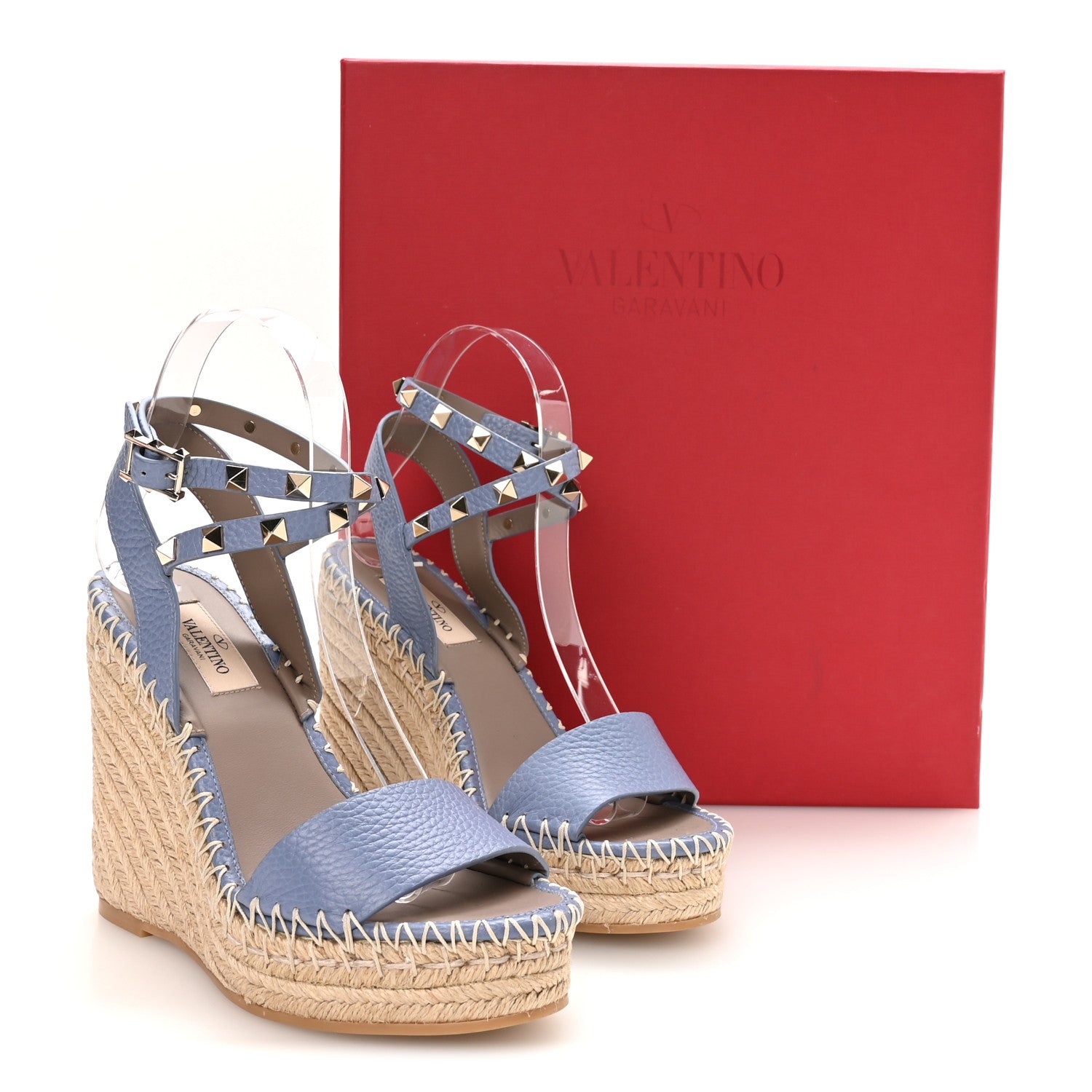 Valentino Garavani Grained Calfskin Rockstud Ankle Strap Espadrille 15/105mm Wedge Sandals 36 Baltique Natural 9 of 9