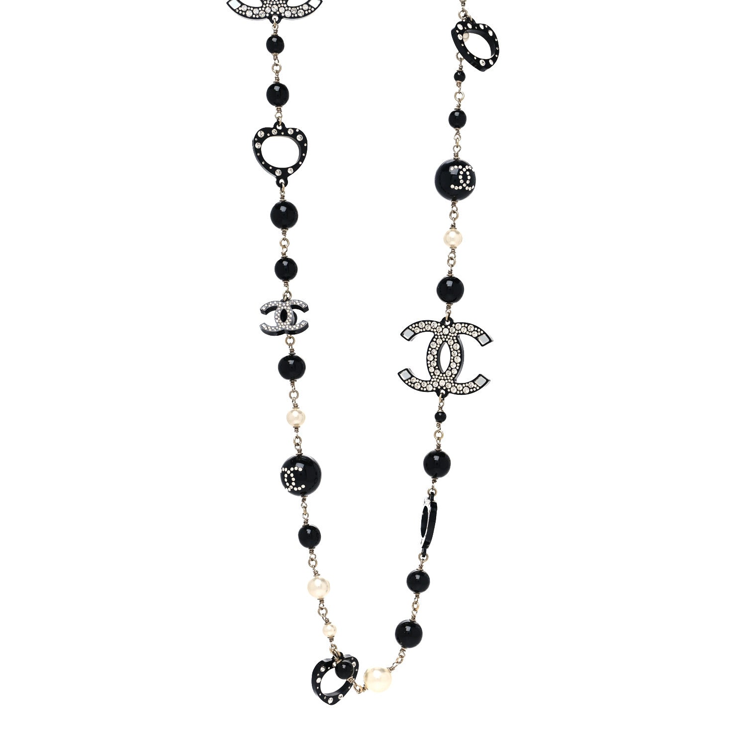 Chanel Pearl Crystal Bead CC Long Necklace Black 1 of 5