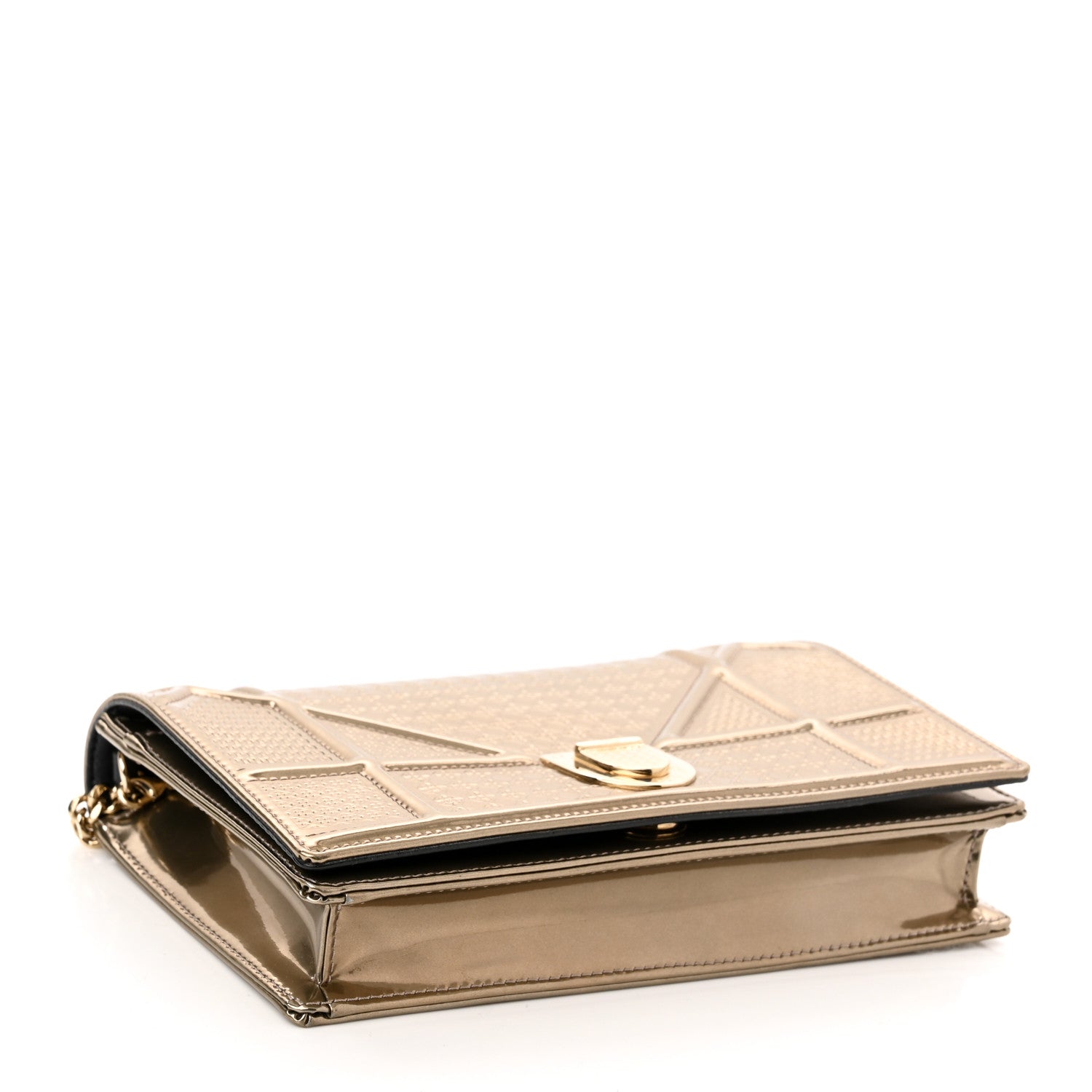 Christian Dior Metallic Patent Micro-Cannage Diorama Wallet on Chain Pouch Gold 3 of 8