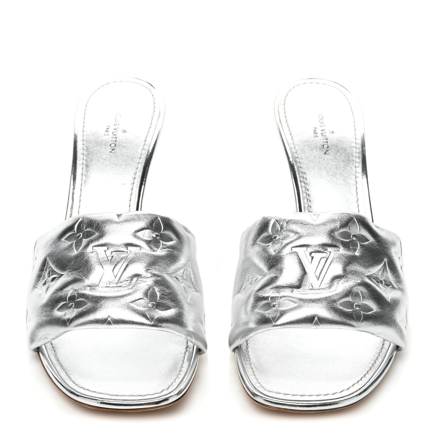 Metallic Lambskin Embossed Monogram Revival High Heel Mules 39 Silver