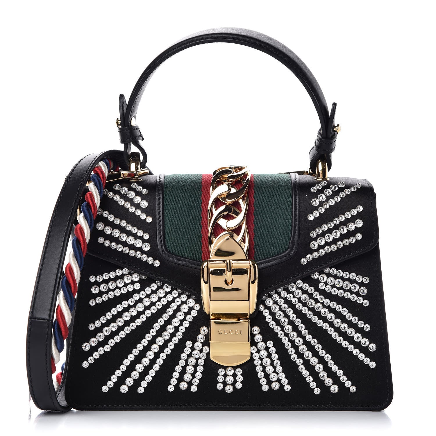 Gucci Satin Crystal Mini Sylvie Top Handle Bag Black 1 of 8