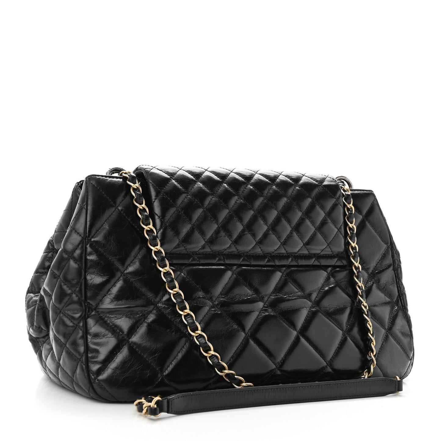 Glazed Calfskin Quilted Large Daily Walk Flap Black