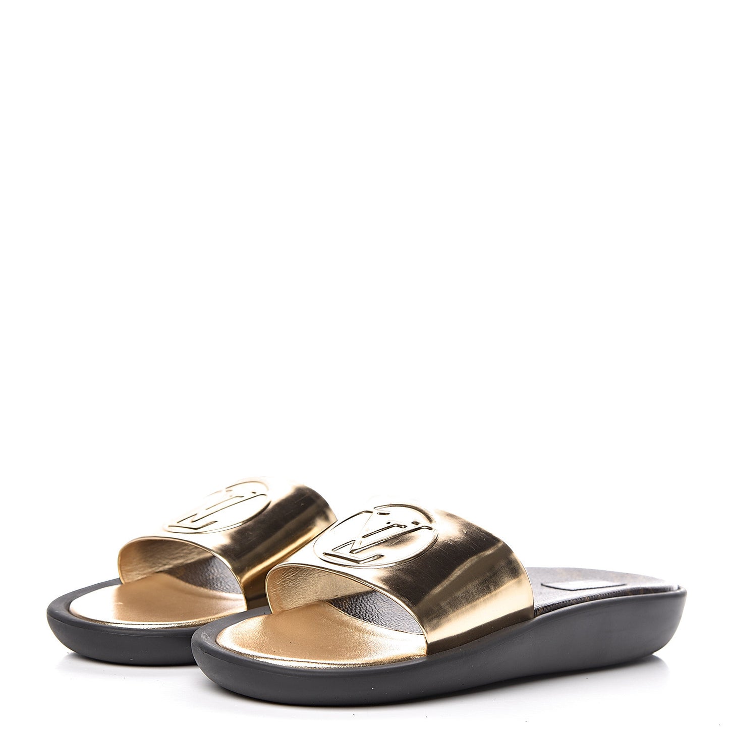 Calfskin Monogram Metallic Sunbath Slide Sandals 40 Gold