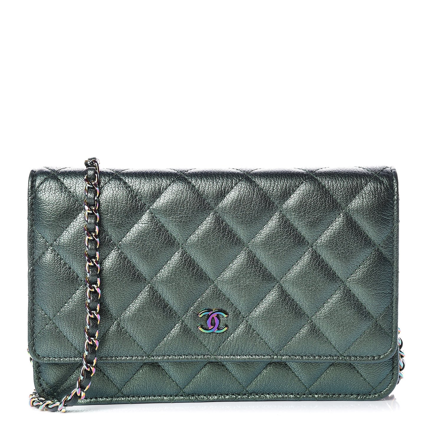 Iridescent Goatskin Quilted Wallet On Chain WOC Green