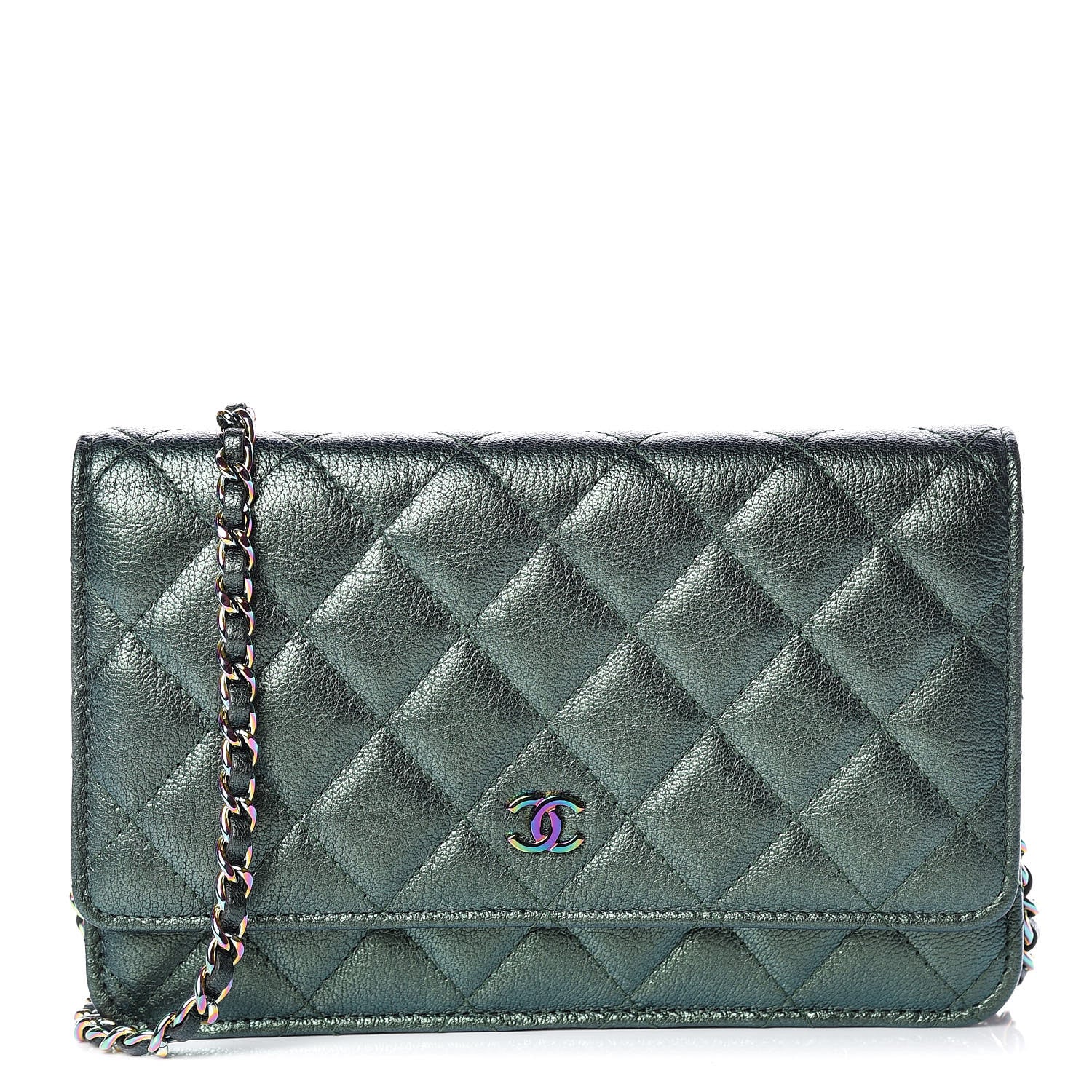 Chanel Iridescent Goatskin Quilted Wallet On Chain WOC Green 1 of 13