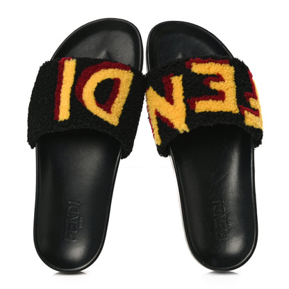 Fendi Shearling Logo Mens Slide Sandals 8.5 Black Giallo Ribes 6 of 12